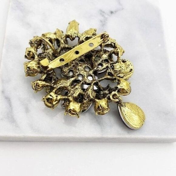 Yellow Gold with Topaz and Iridescent Austrian Crystal Flower Teardrop Brooch - Picture 4 of 5